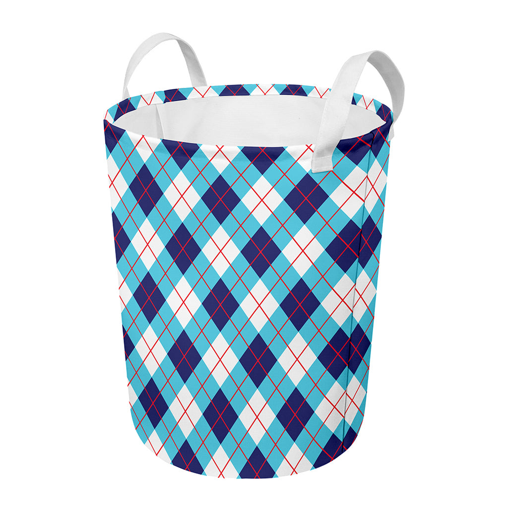 White Blue And Red Argyle Pattern Print Round Laundry Basket