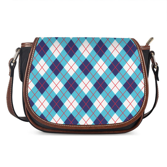 White Blue And Red Argyle Pattern Print Saddle Bag