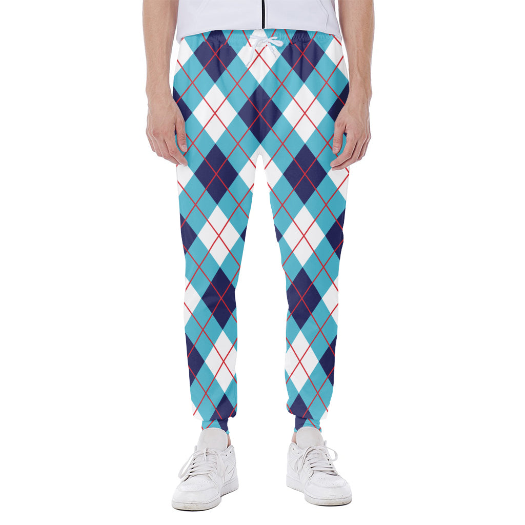 White Blue And Red Argyle Pattern Print Scuba Joggers