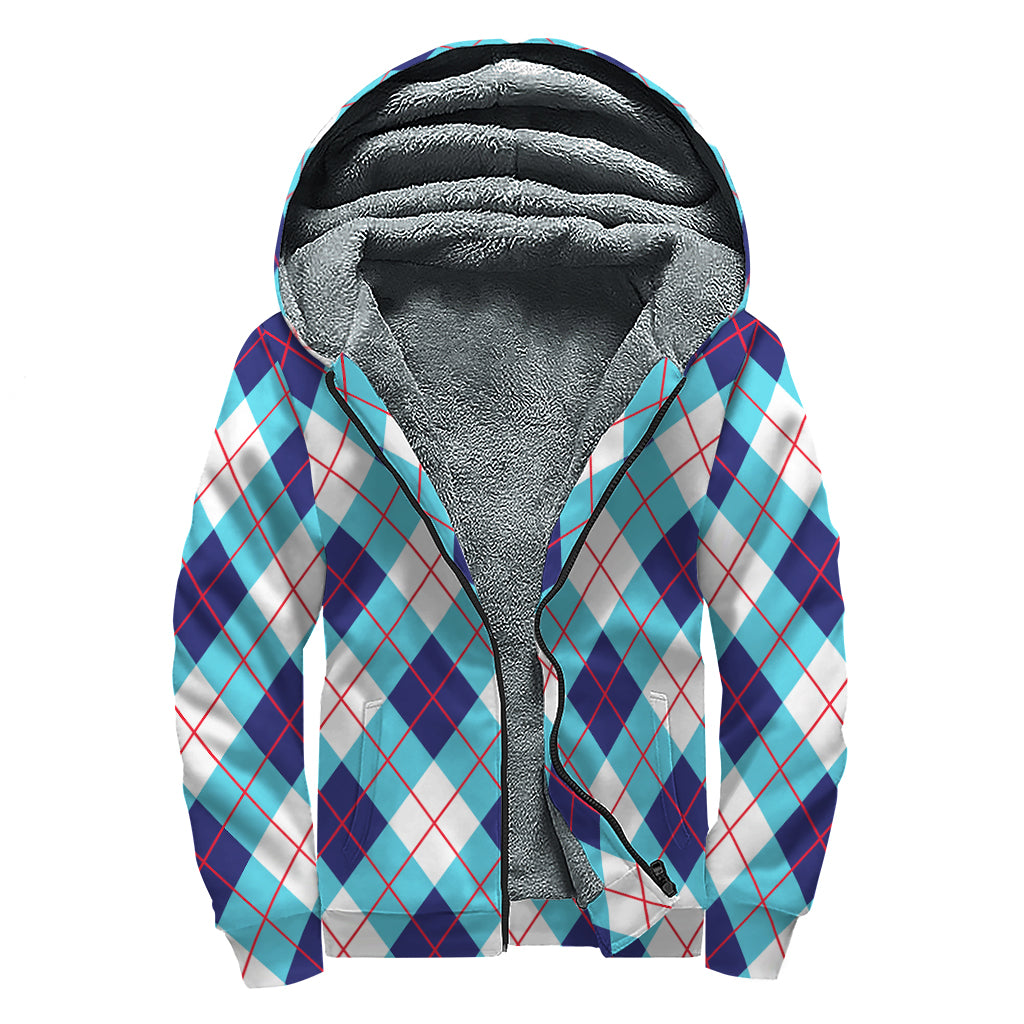 White Blue And Red Argyle Pattern Print Sherpa Lined Zip Up Hoodie