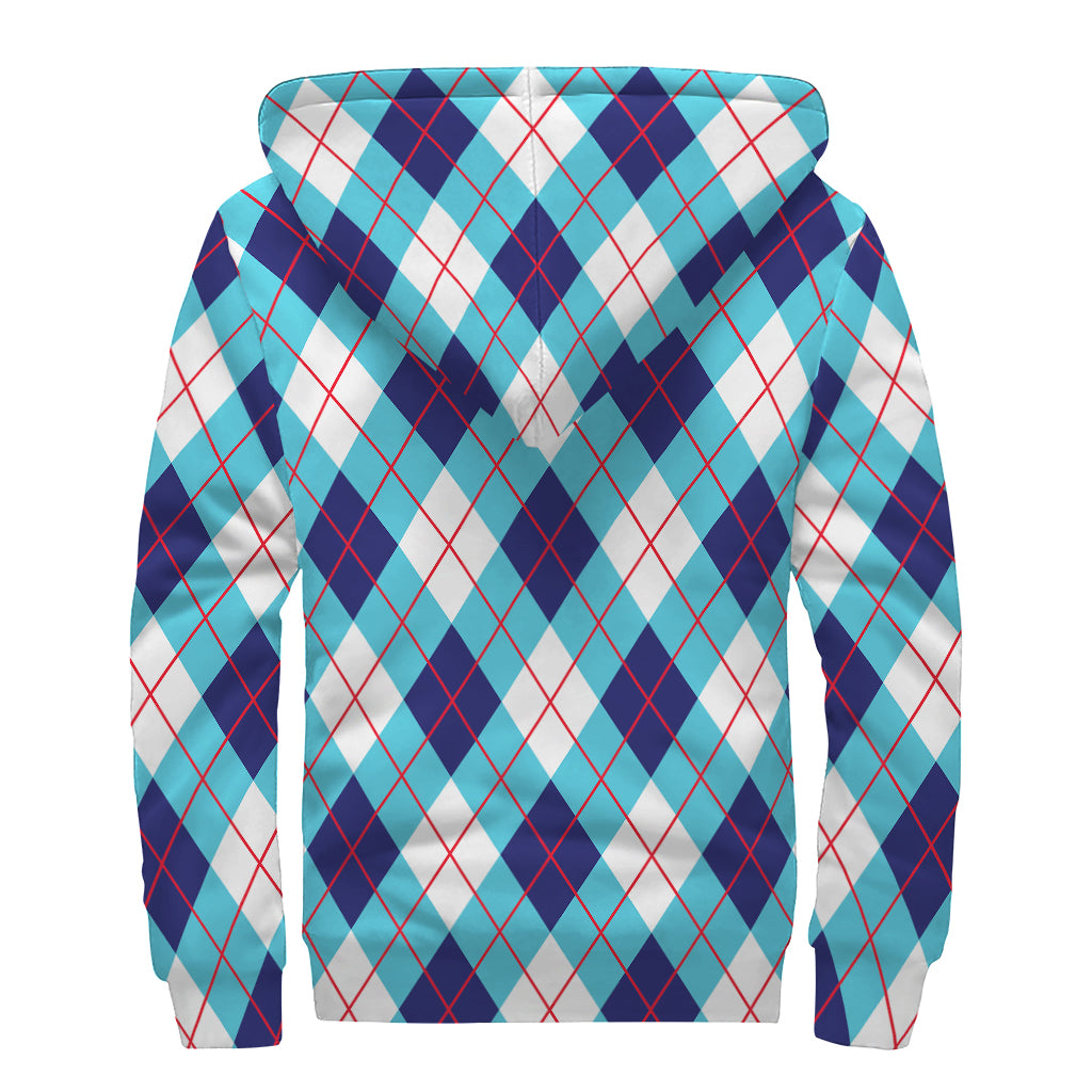 White Blue And Red Argyle Pattern Print Sherpa Lined Zip Up Hoodie