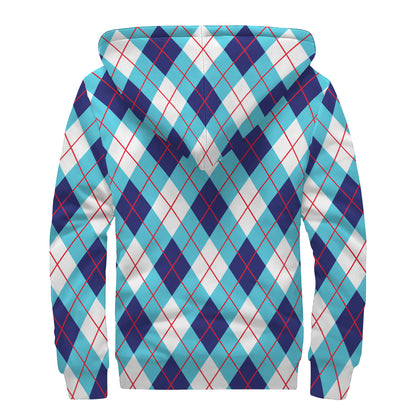 White Blue And Red Argyle Pattern Print Sherpa Lined Zip Up Hoodie
