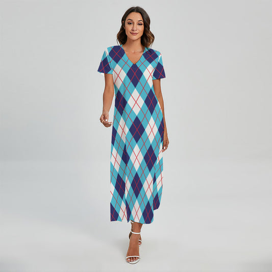 White Blue And Red Argyle Pattern Print Short Sleeve Maxi Dress