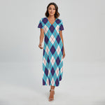 White Blue And Red Argyle Pattern Print Short Sleeve Maxi Dress