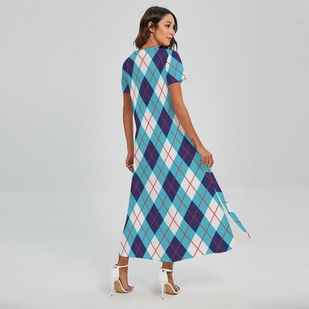red white and blue maxi dress White Blue And Red Argyle Pattern Print Short Sleeve Maxi Dress