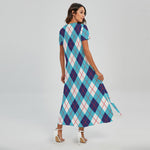 White Blue And Red Argyle Pattern Print Short Sleeve Maxi Dress