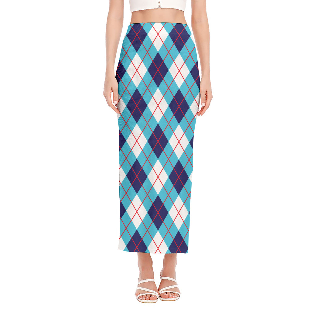 White Blue And Red Argyle Pattern Print Side Slit Maxi Skirt