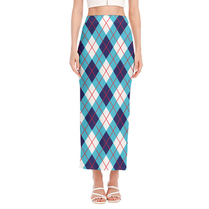 White Blue And Red Argyle Pattern Print Side Slit Maxi Skirt
