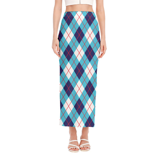 White Blue And Red Argyle Pattern Print Side Slit Maxi Skirt