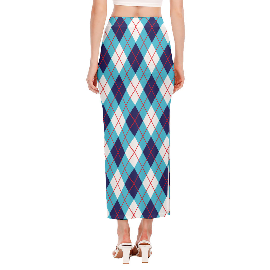 White Blue And Red Argyle Pattern Print Side Slit Maxi Skirt