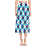 White Blue And Red Argyle Pattern Print Side Slit Midi Skirt