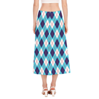 White Blue And Red Argyle Pattern Print Side Slit Midi Skirt