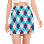 White Blue And Red Argyle Pattern Print Side Slit Mini Skirt