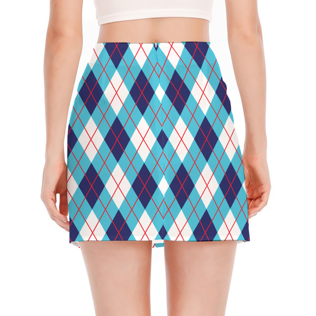 White Blue And Red Argyle Pattern Print Side Slit Mini Skirt