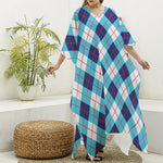 White Blue And Red Argyle Pattern Print Silk V-Neck Kaftan Dress