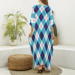 White Blue And Red Argyle Pattern Print Silk V-Neck Kaftan Dress