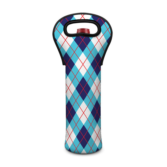 White Blue And Red Argyle Pattern Print Single Neoprene Wine Tote