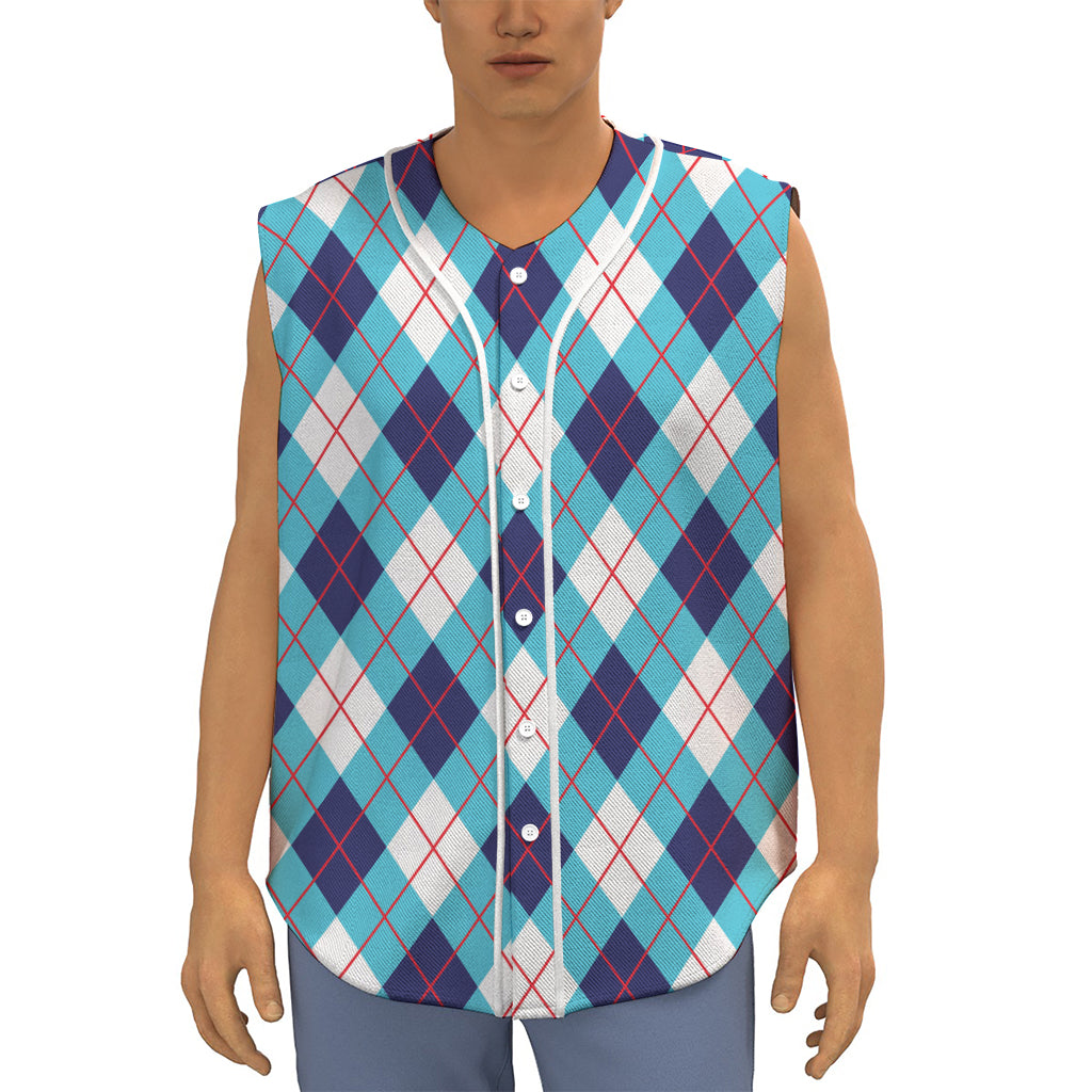 White Blue And Red Argyle Pattern Print Sleeveless Baseball Jersey