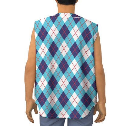 White Blue And Red Argyle Pattern Print Sleeveless Baseball Jersey