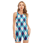 White Blue And Red Argyle Pattern Print Sleeveless One Piece Swimsuit