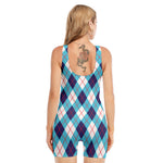 White Blue And Red Argyle Pattern Print Sleeveless One Piece Swimsuit