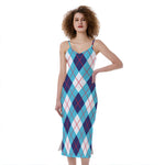 White Blue And Red Argyle Pattern Print Slim Fit Midi Cami Dress