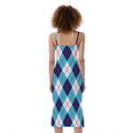 White Blue And Red Argyle Pattern Print Slim Fit Midi Cami Dress