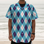 White Blue And Red Argyle Pattern Print Textured Short Sleeve Shirt