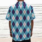 White Blue And Red Argyle Pattern Print Textured Short Sleeve Shirt