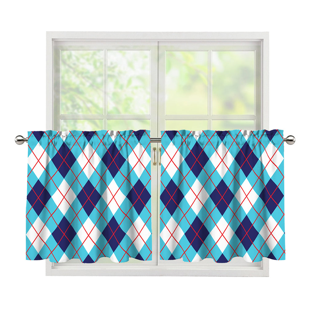 White Blue And Red Argyle Pattern Print Tier Curtains