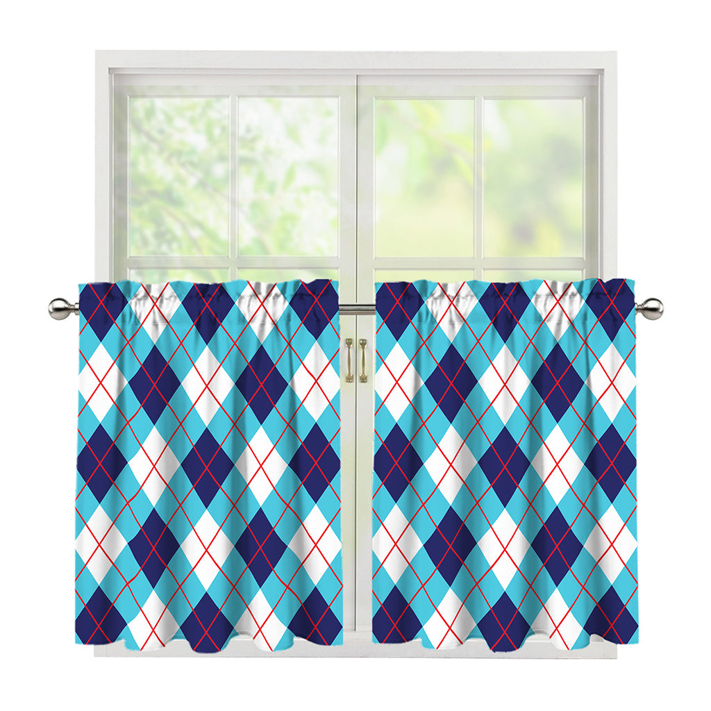 White Blue And Red Argyle Pattern Print Tier Curtains