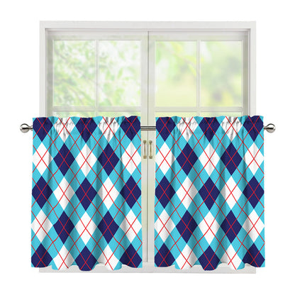 White Blue And Red Argyle Pattern Print Tier Curtains