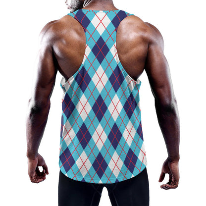 White Blue And Red Argyle Pattern Print Training Tank Top