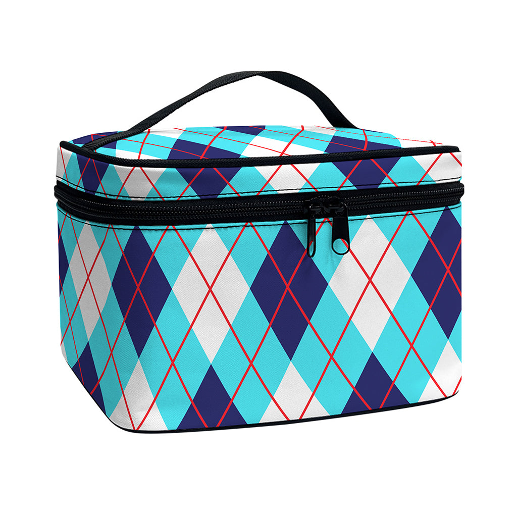White Blue And Red Argyle Pattern Print Travel Makeup Bag