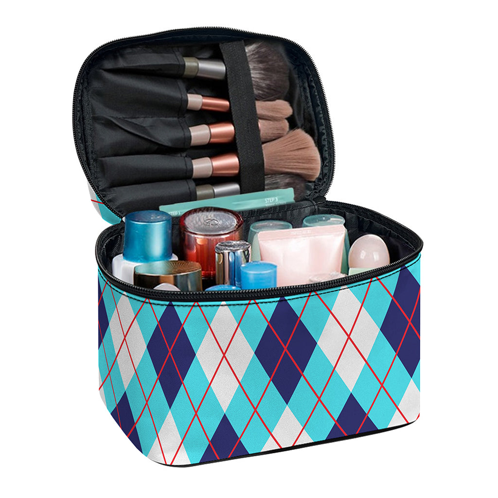 White Blue And Red Argyle Pattern Print Travel Makeup Bag