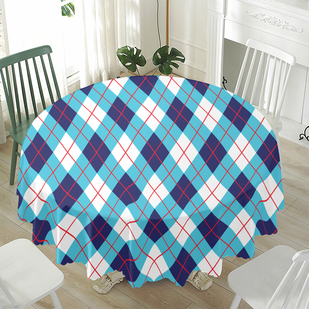 White Blue And Red Argyle Pattern Print Waterproof Round Tablecloth