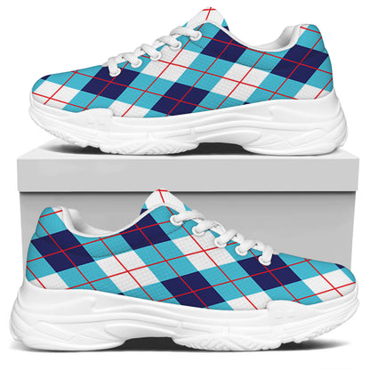 White Blue And Red Argyle Pattern Print White Chunky Shoes