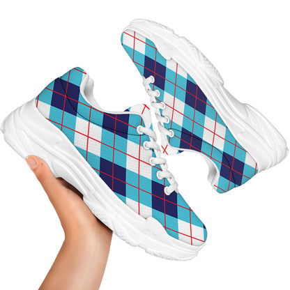 White Blue And Red Argyle Pattern Print White Chunky Shoes