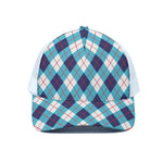 White Blue And Red Argyle Pattern Print White Mesh Trucker Cap