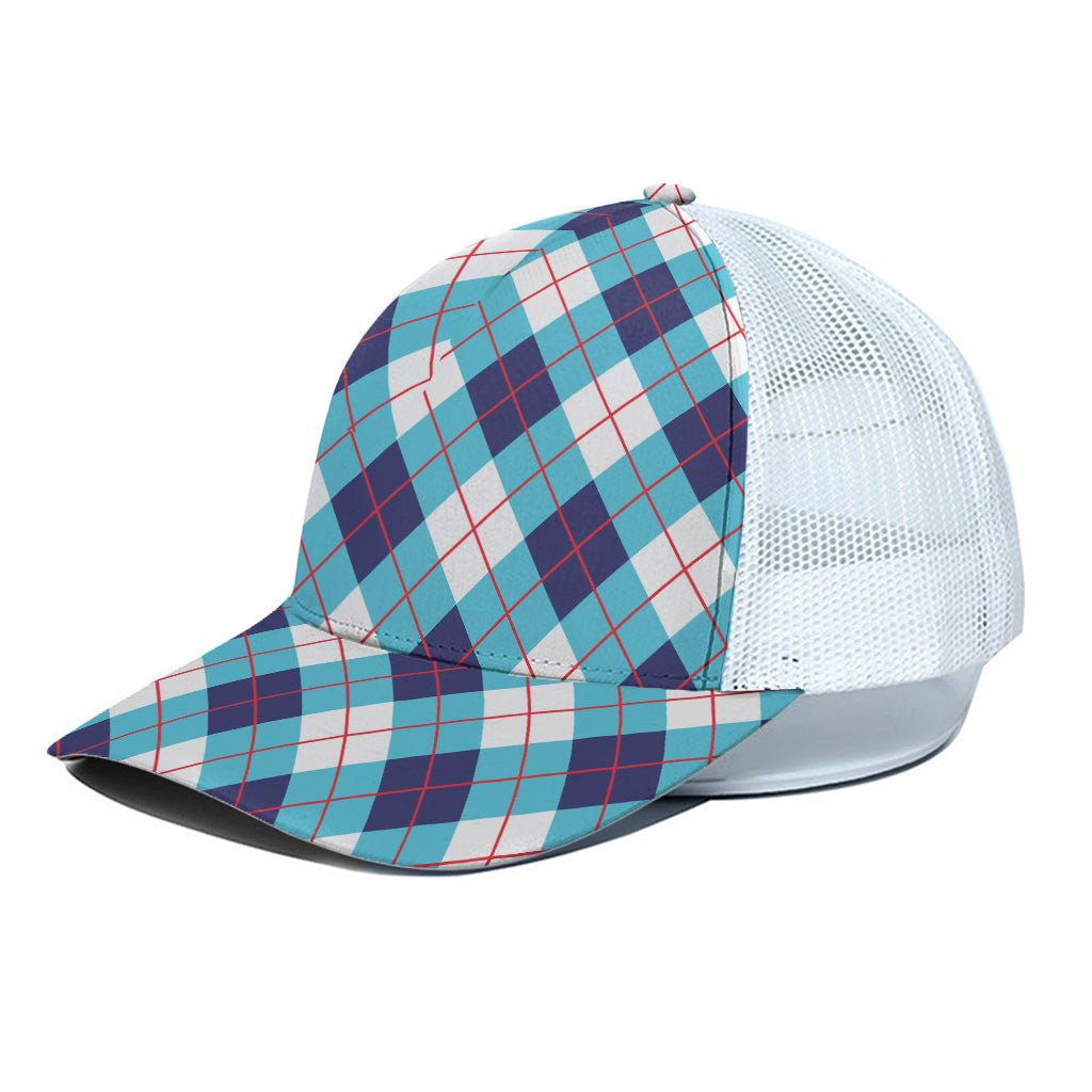 White Blue And Red Argyle Pattern Print White Mesh Trucker Cap