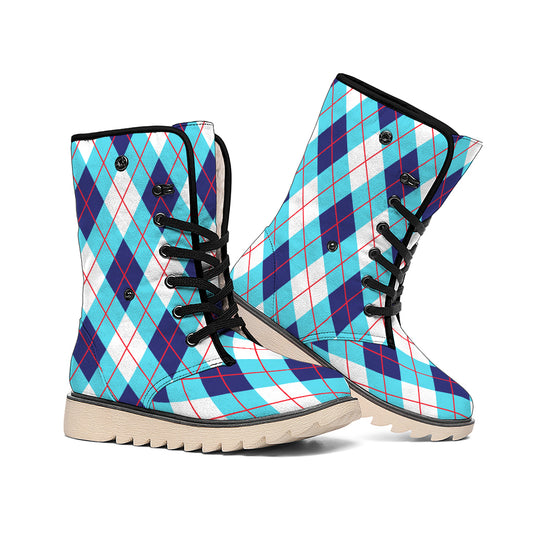 White Blue And Red Argyle Pattern Print Winter Boots