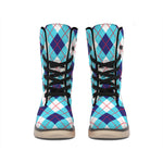 White Blue And Red Argyle Pattern Print Winter Boots