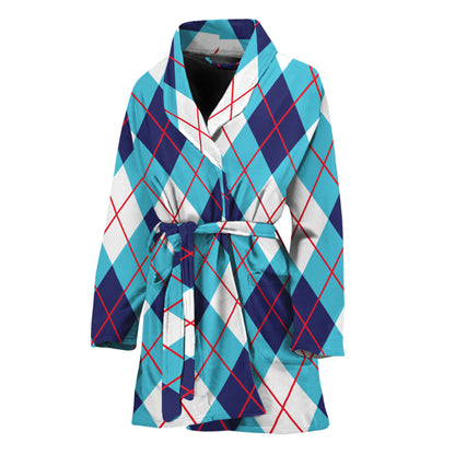 White Blue And Red Argyle Pattern Print Women's Bathrobe