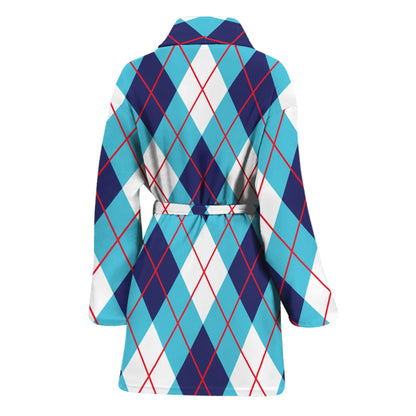 White Blue And Red Argyle Pattern Print Women's Bathrobe