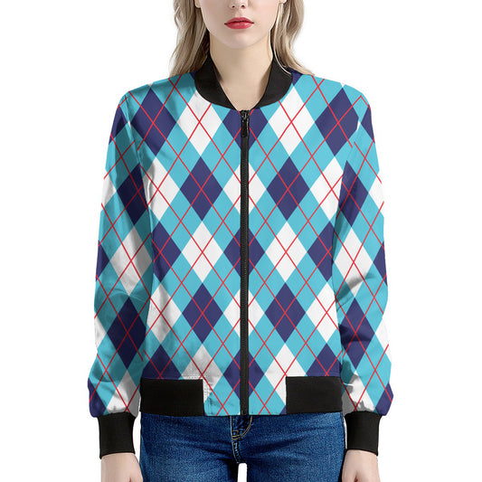 White Blue And Red Argyle Pattern Print Women's Bomber Jacket