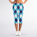 White Blue And Red Argyle Pattern Print Women's Capri Leggings