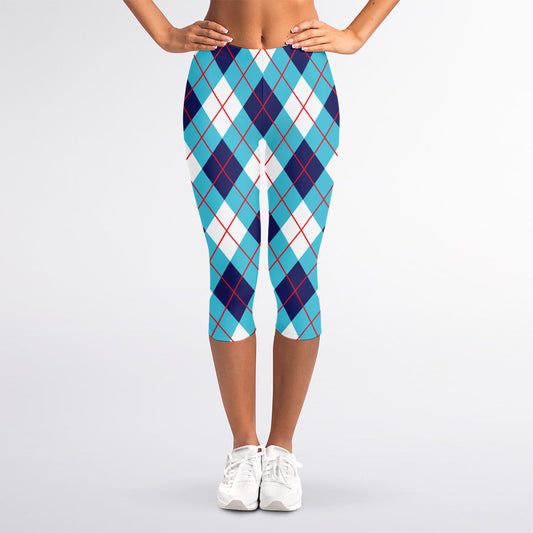 White Blue And Red Argyle Pattern Print Women's Capri Leggings