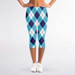 White Blue And Red Argyle Pattern Print Women's Capri Leggings