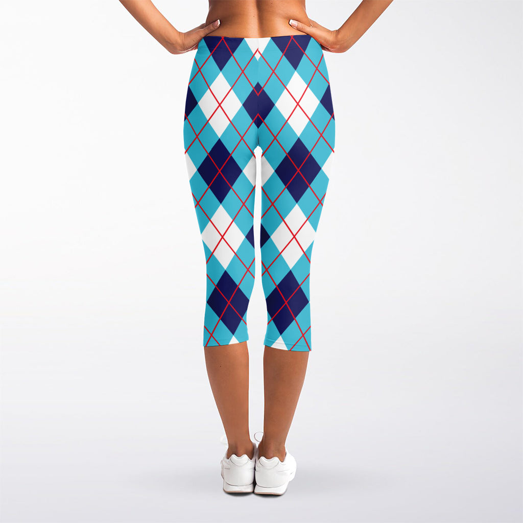 White Blue And Red Argyle Pattern Print Women's Capri Leggings