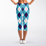 White Blue And Red Argyle Pattern Print Women's Capri Leggings